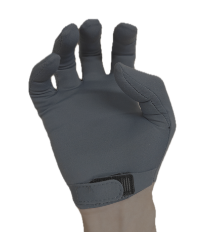 Gloved hand in a claw or half-closed pose.