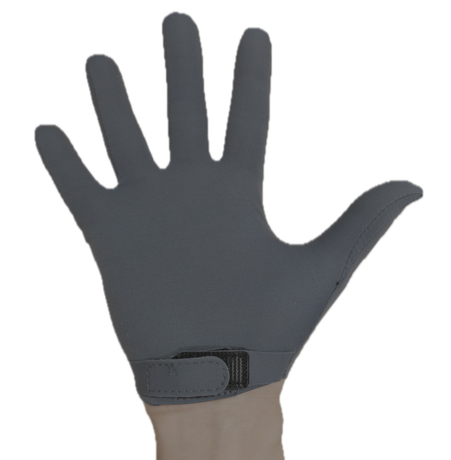Gloved hand held fully open.