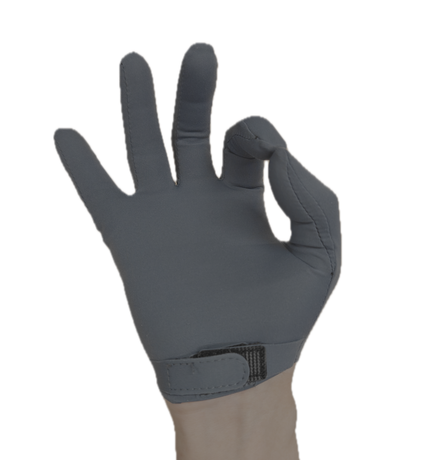 Gloved hand performing an index-finger pinch.